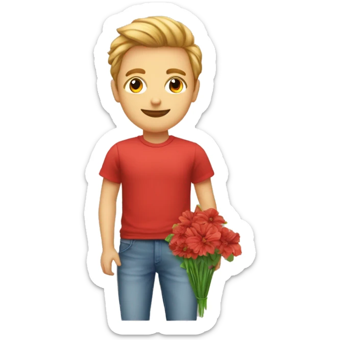 homme blanc avec un teeshirt rouge tenant des fleurs et une pancarte où il y a écrit "Julia<3" sticker