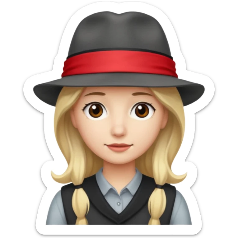 A person with long blond hair, wearing a gray fedora with a black band and a red headband underneath. sticker