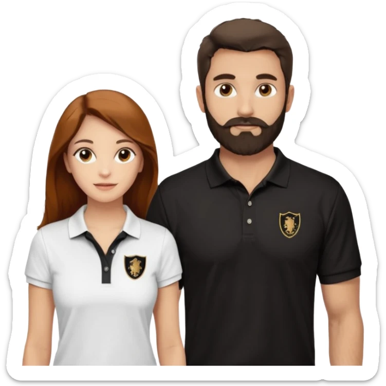 Tente de novo.Crie um casal - Homem branco de cabelo liso e olhos marrom, com barba, expressão séria usando camiseta polo preta e mulher de pele branca cabelo cacheado marrom longo e olhos mel, usando uma regata branca, quero ela sorrindo sticker