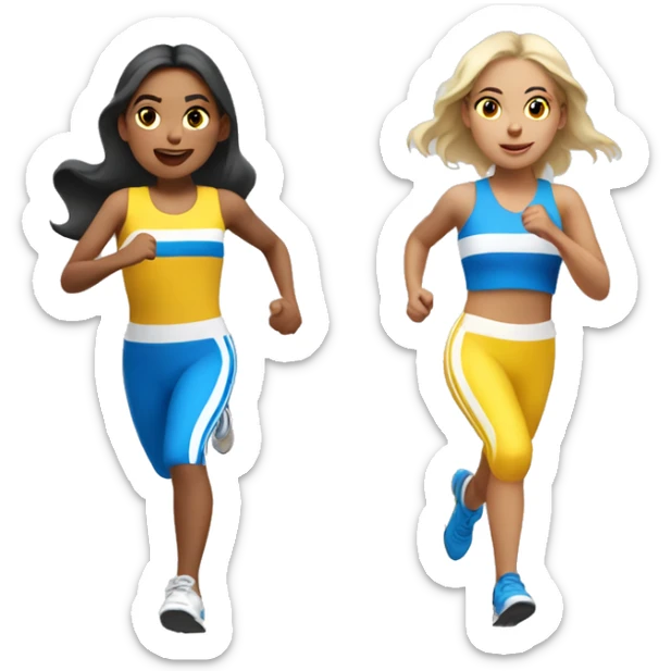 3 pale hispanic girls running a race with yellow blue and white outfits  sticker