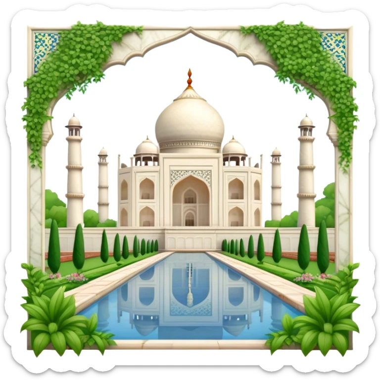 Cinematic Realistic Taj Mahal Landmark Emoji, depicted as the iconic marble mausoleum set amidst lush gardens rendered with intricate detail and ethereal, soft lighting. sticker