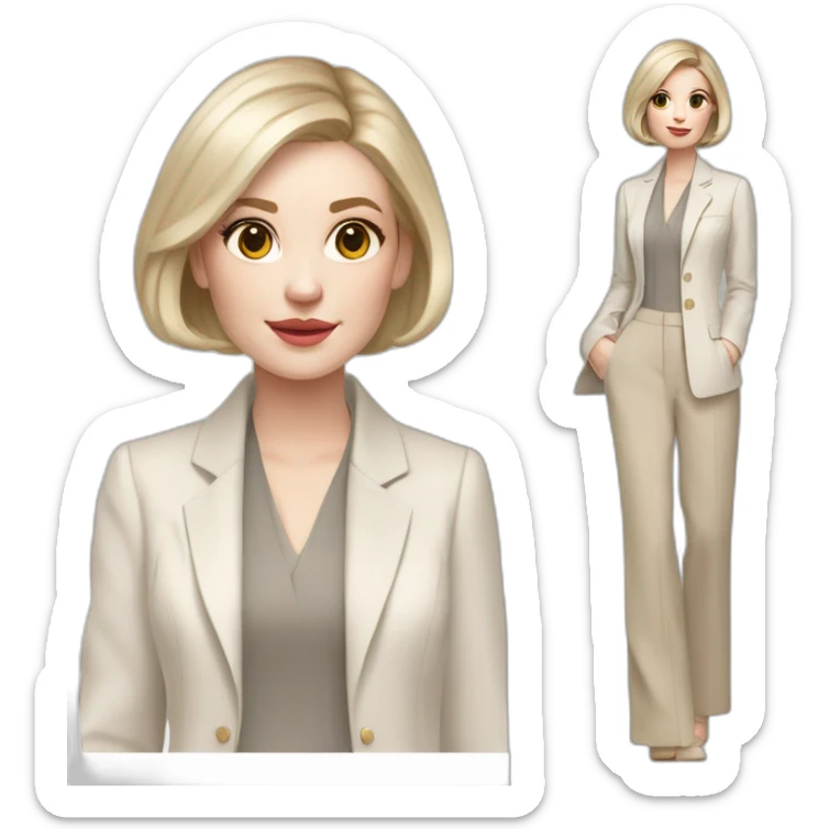 pale skin woman with ash blonde Straightened bob Hair, White Spacious classical jacket, beige palazzo Arrow pants and gray blouse holding a color palette in the hands sticker