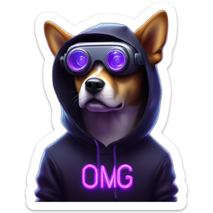 Russian dog wearing a black hoodie with "OMG" letters on it and VR headset in a cyberpunk VR environment with violet neon lighting. sticker