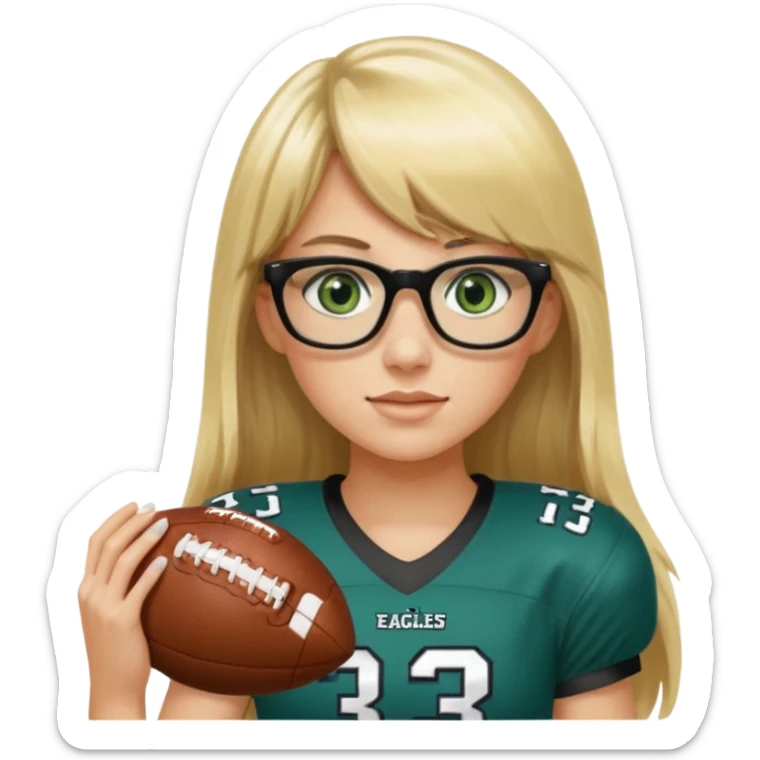long blonde hair with bangs small black rectangle glasses female green eyes football player wearing eagles jersey number 33 holding football sticker