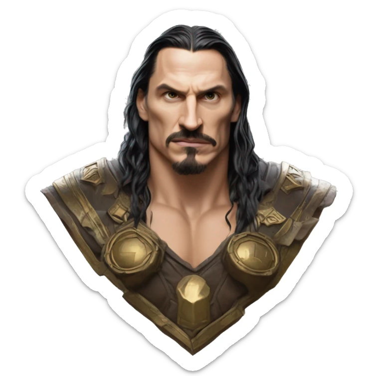 Warcraft award winning Zlatan in Marvel Avengers style, oil paint, mysterious eyes, intricate lips, masterpiece pose, odd perspective, beautiful, desirable, logical sticker