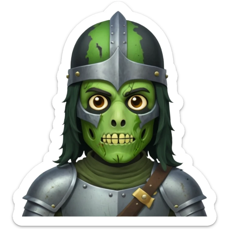 a male with long black rough hair wearing a knight helmet with green zombie skin sticker