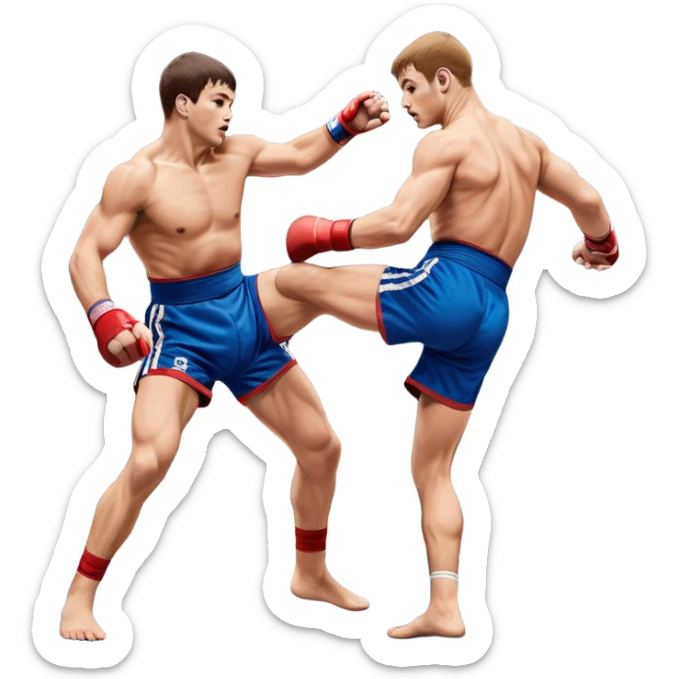 Two Sambo fighters in blue and red gis with shorts and wrestling shoes, executing gripping and throwing techniques. The fighters are engaged in a dynamic, action-packed moment with no strikes. The background features a wrestling mat, focusing on the technique and control. Transparent background  sticker
