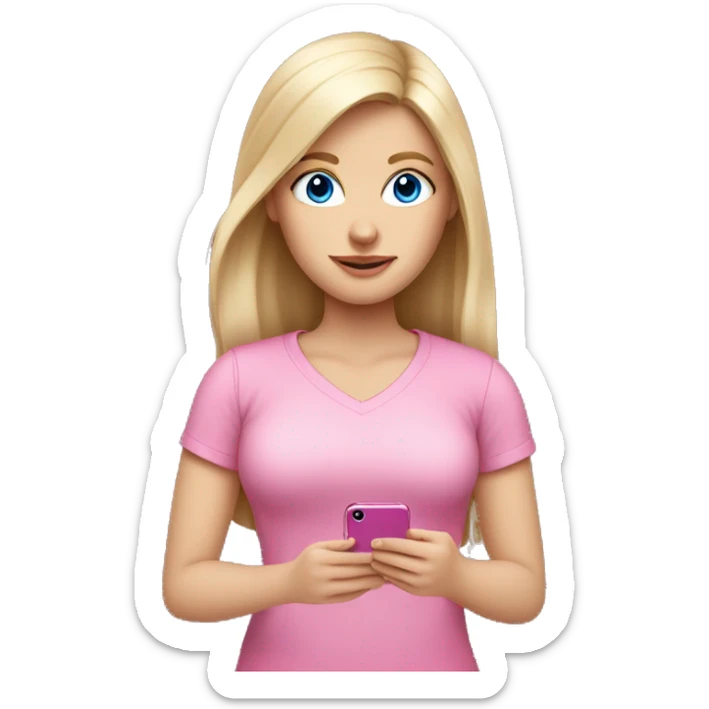 a blue eyed white dark blond hair girl wearing a pink shirt holding a pink iphone  sticker
