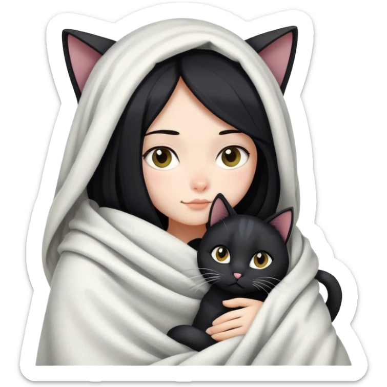A girl with fair skin and long black hair wrapped in a blanket hugging a black and white cat sticker