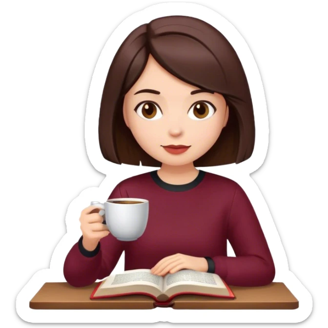 A brunette girl with a bob hairstyle, drinking coffee and reading a book Burgundy sticker
