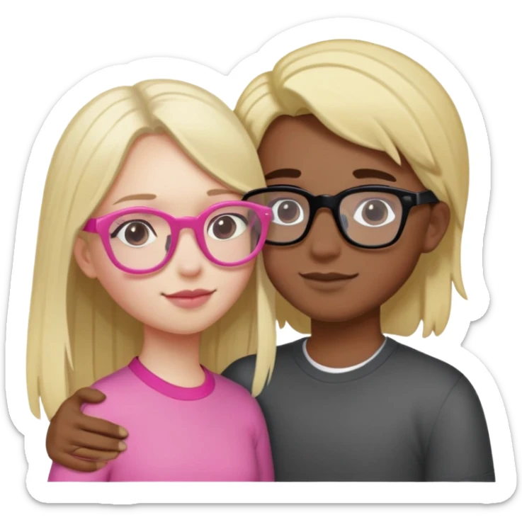 Girl with Dark Brown Hair, Pink glasses, And a mixed skin tone. Boy with white skin tone, Long Blonde Hair and black glasses. The two embrace each other  sticker