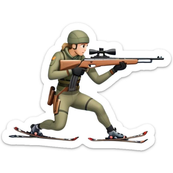An icon showing a snowy landscape with pine trees, mountains, and a clear sky with a biathlete aiming a rifle in the foreground, wearing winter gear and skis. Transparent background emphasizes the precision, endurance, and beauty of this winter sport. sticker