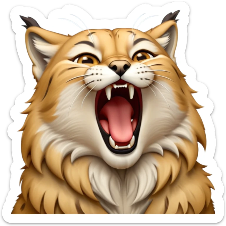 Cinematic-detailed-Yawning-Lynx-Portrait-Emoji – Head tilted slightly with a dramatic, wide-open yawn, revealing a sleek golden-brown fur coat with subtle spots, signature black ear tufts standing tall, round amber eyes barely open in drowsy contentment zoomed out to show the shoulders sticker