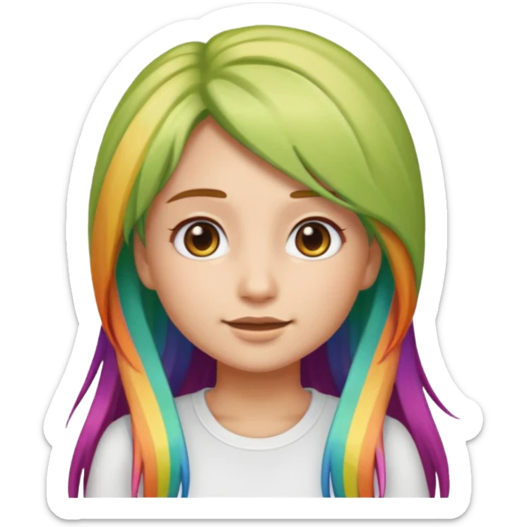 girl emoji with long rainbow hair, she's wearing a white top and has light olive skin  sticker