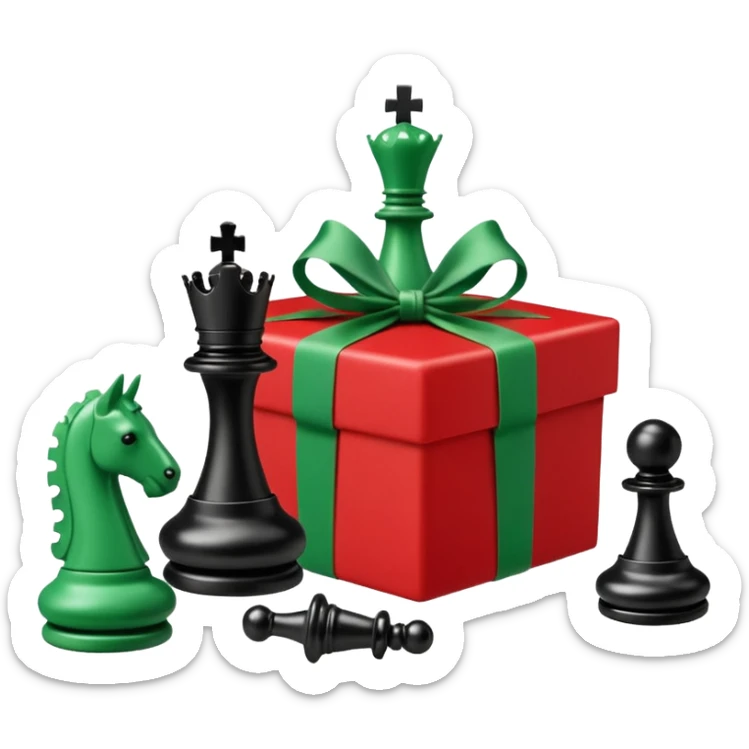 A red gift tied with a green ribbon in a white polka dot, with a knight and pawn chess pieces falling out of the gift sticker