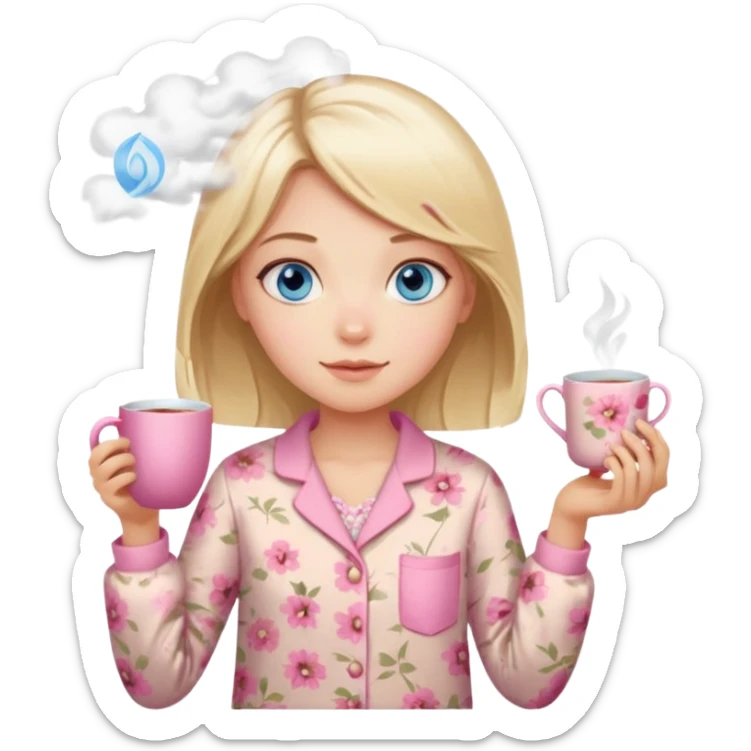 Blue eyed girl with middle length blond hair in floral beige pijamas is holding a pink cup of tea sticker