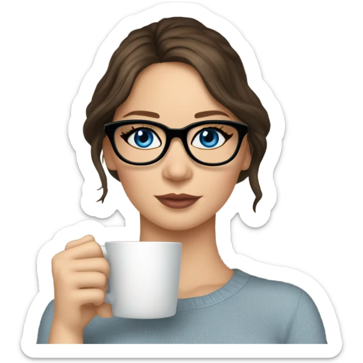 Photo of Brunette Jennifer Lawrence wearing black glasses and blue eyes drinking hot coffee  sticker