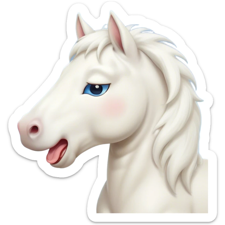 Cinematic Cute Yawning White Horse Portrait Emoji, Head tilted slightly with a dramatic, wide-open yawn, revealing a soft white fur with a subtle shimmer, floppy ears slightly drooping, round blue eyes barely open in drowsy contentment, Simplified yet irresistibly adorable features, highly detailed, glowing with a soft, cozy glow, high shine, relaxed yet expressive, stylized with a touch of whimsy, bright and endearing, soft glowing outline, capturing the essence of a sleepy yet affectionate horse, so drowsy it feels like it could stretch out of the screen and curl up for a nap! sticker