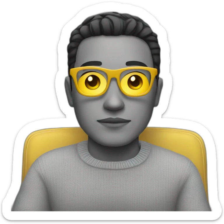 White man with yellow tinted glasses and black hair in a gray jumper and sitting on a chair sticker