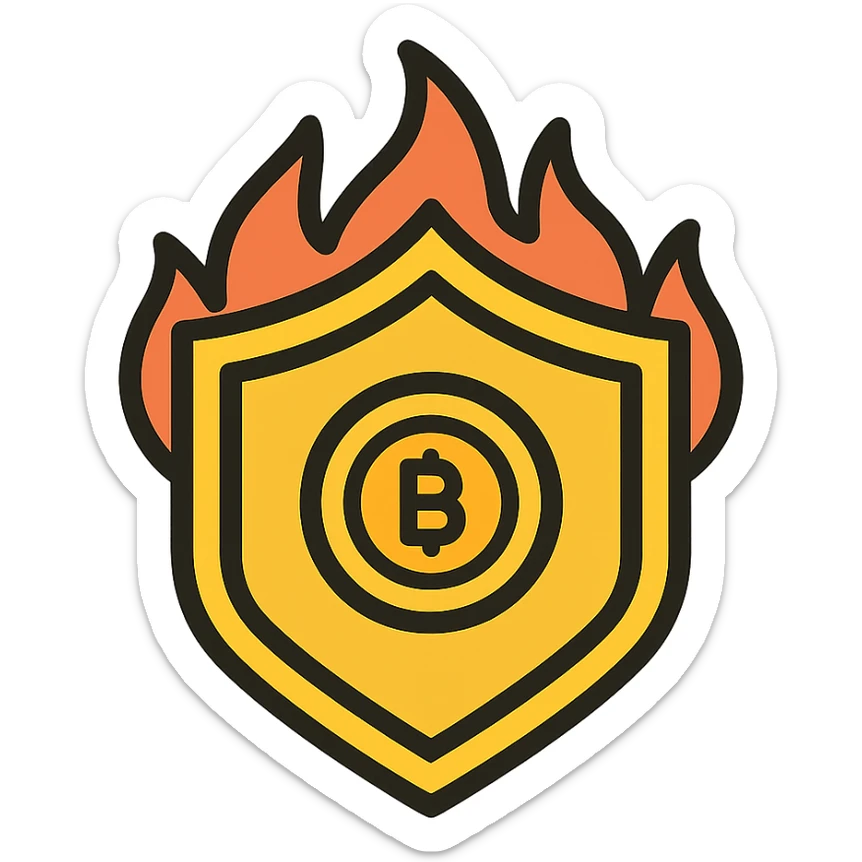 golden shield with a coin or NFT at the center, protected by flames, colorful icon with black outlines sticker