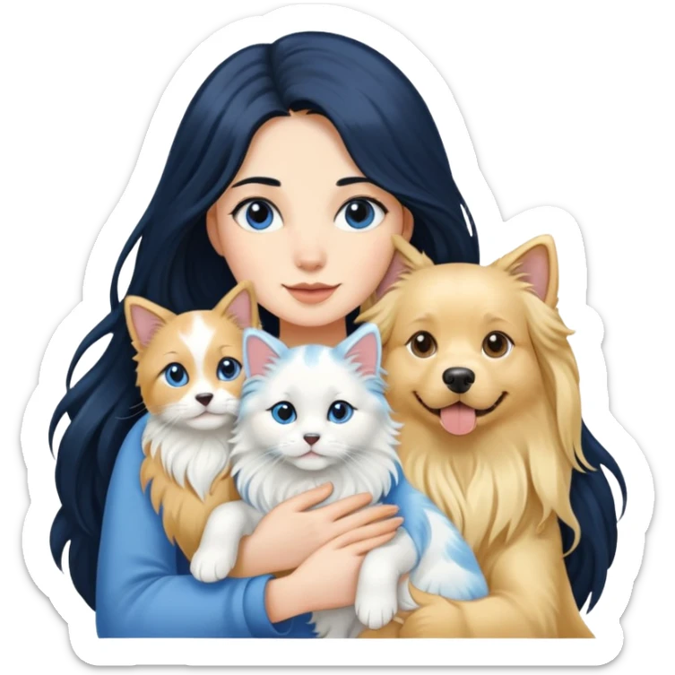 Woman with long black hair holding a blue and white long-haired cat and a golden retriever dog sticker