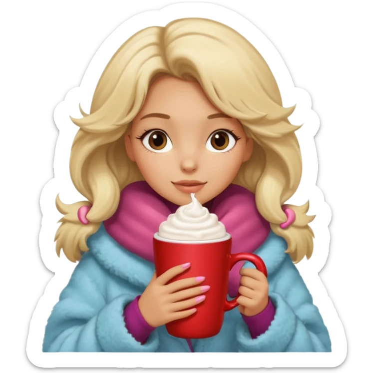 Tanned Girl with lashes , blonde hair, in an extremely big fluffy oversized coat and hold hot chocolate drink sticker