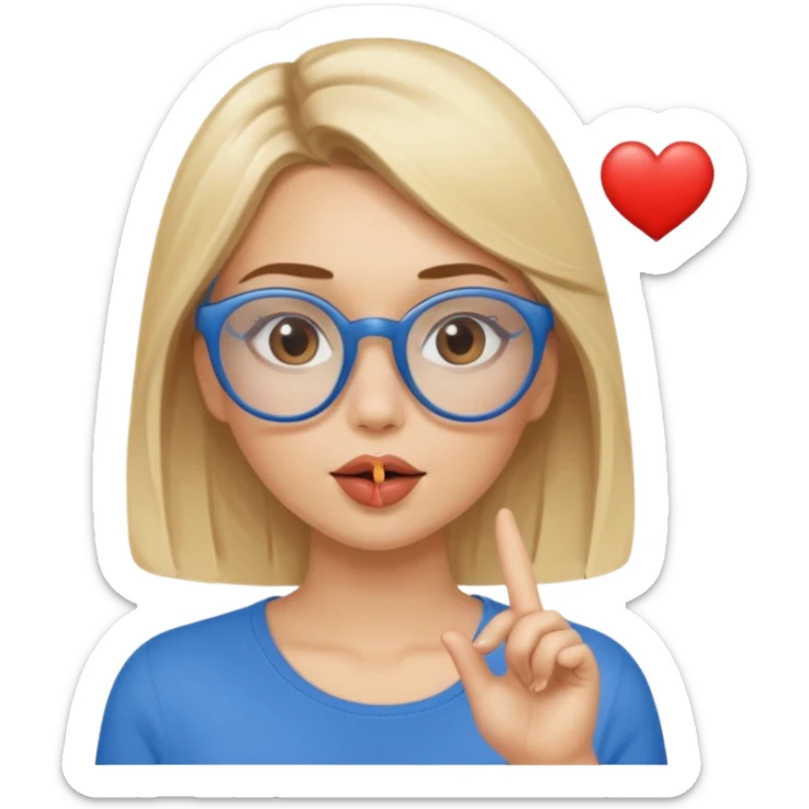 Asthectic Blonde women with brown eyes, blue glasses, waering a brown top, blowing a kiss with a small heart around her. sticker