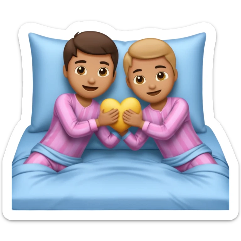 cute emoji couple in pajamas, playfully hitting each other with pillows on a bed with smooth silk sheets sticker