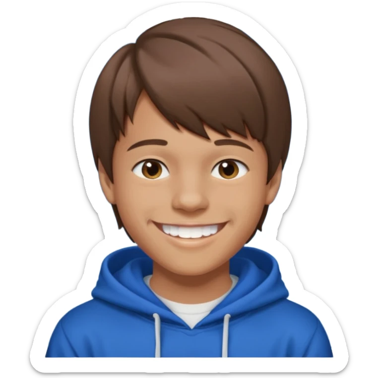 16 yr old boy, brown hair, straight, big smile, white teeth, tanned skin, bangs, hooded sweatshirt sticker