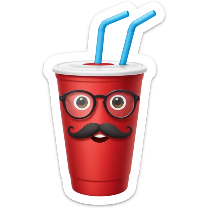 paper red cup and white straw, the cup has eyes and mouth and glassess and mustache sticker