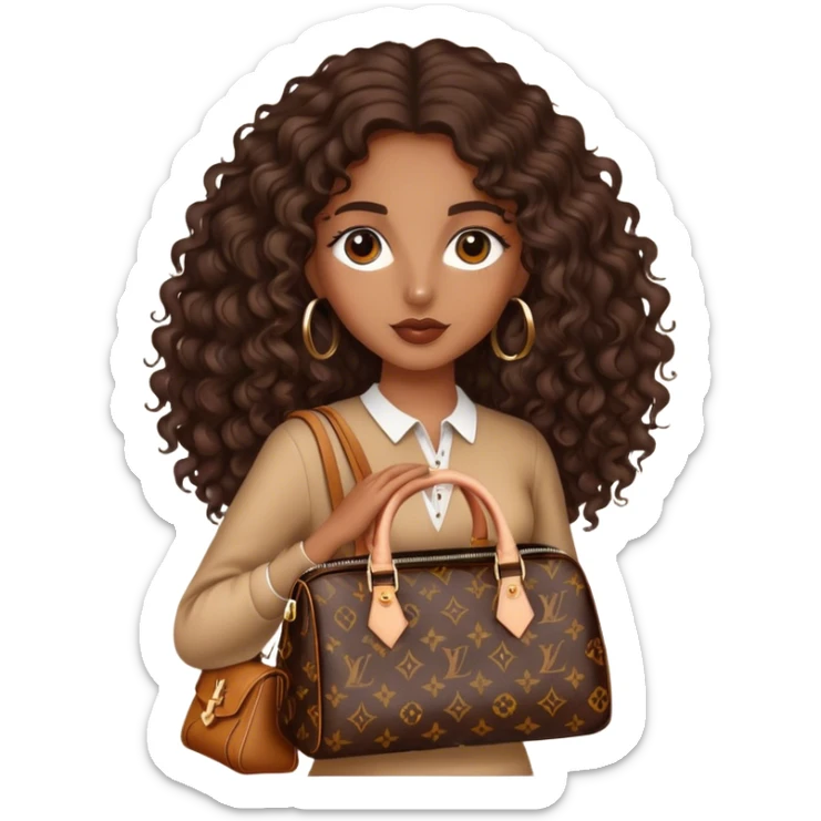 Brown girl with long dark brown long curly hair carrying h Louis Vuitton bag sticker