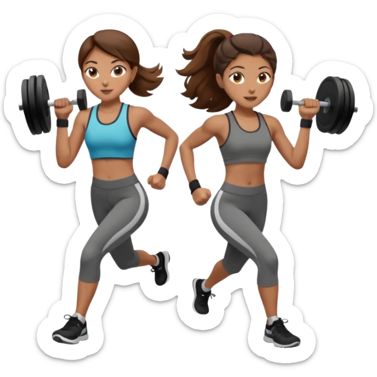 two women, one running and one lifting weights. brown hair, olive skin, hazel eyes. sticker
