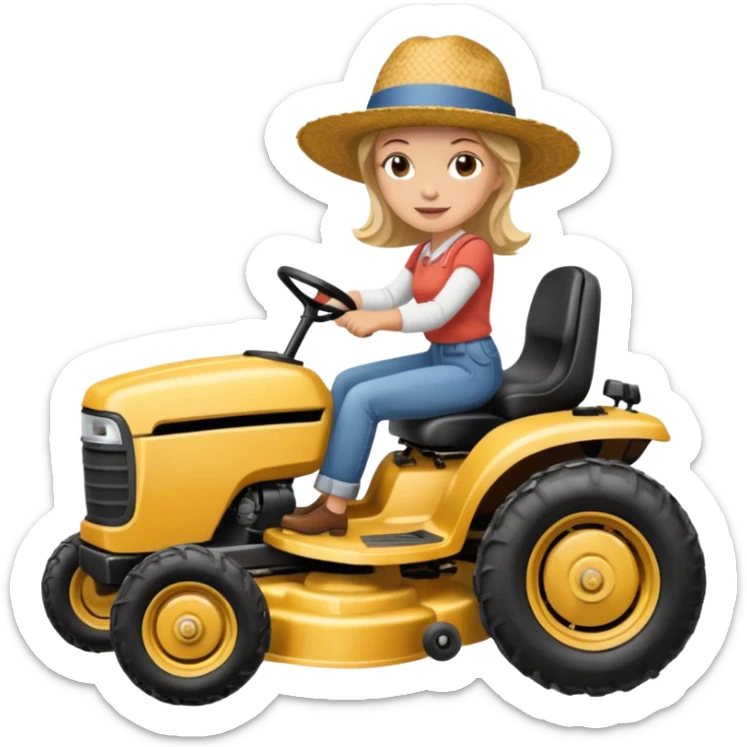 White woman without glasses wearing a straw hat, on old Westwood ride on lawn mower.  sticker