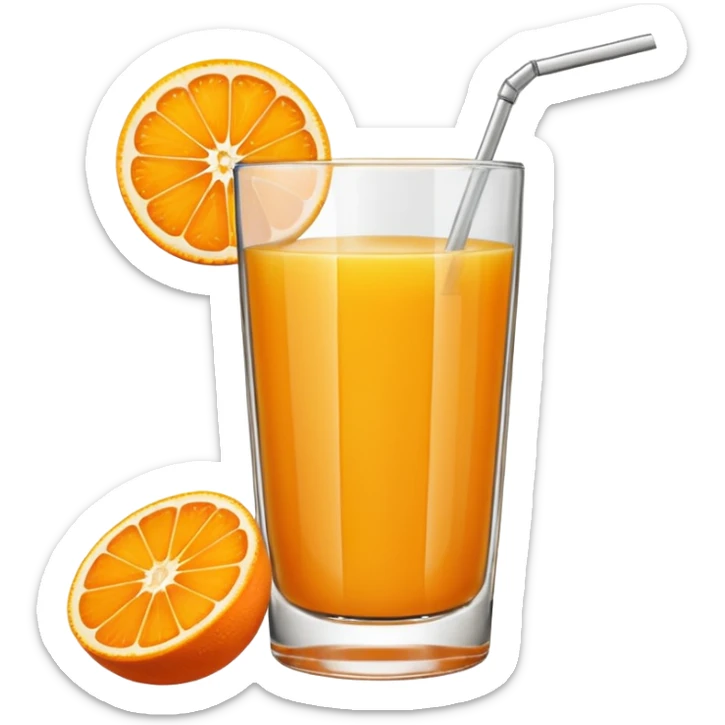 A glas of orange juice with a slice of orange next to it sticker
