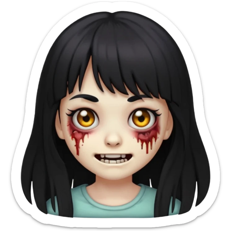 zombie girl emoji with black eyes, long black hair with bangs, creepy smile expression sticker