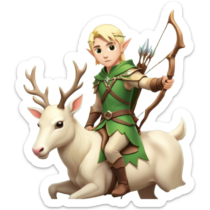 clash-of-clans-aesthetic-blond-male elf-archer-portrait-emoji, rendered in a flat, vector-style with minimal shading and bold, simplified shapes, head tilted slightly forward with a determined, focused expression, riding a majestic white stag whose antlers glow with mystical energy, set against an ancient, enchanted forest backdrop. sticker
