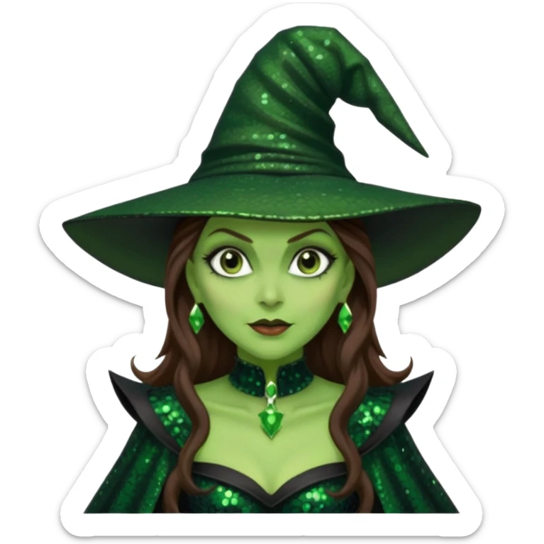The Wicked Witch from Oz with long brown hair, green skin, black sequin outfit sticker