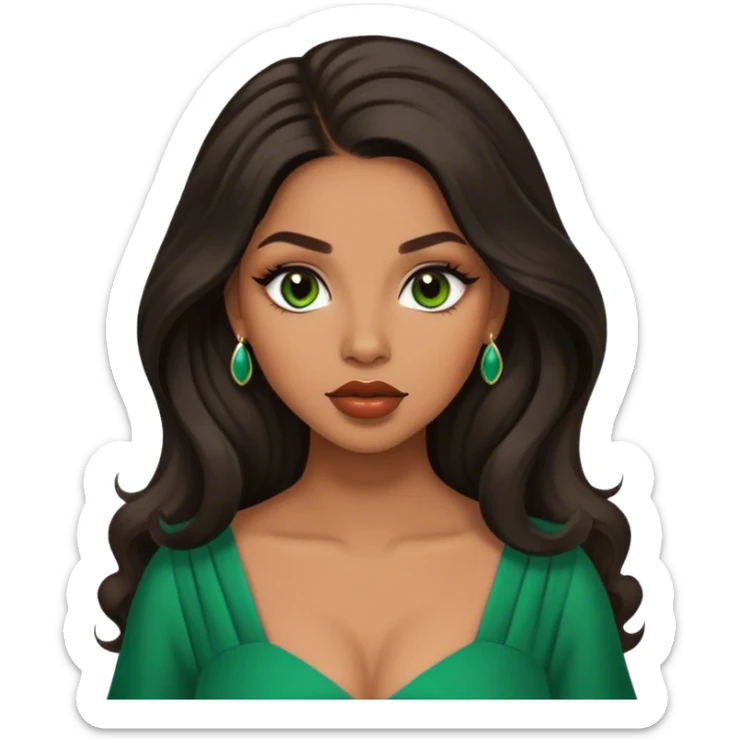 light brown skin tone, very beautiful woman, with big plump lips, long long lashes, black long wavy hair, middle hair parting, brown eyes, green dress sticker