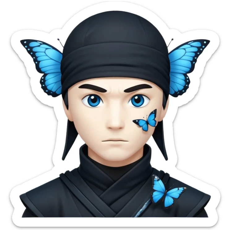 Crea una imagen con estos dos emoji 🥷🏻🦋
él ninja de piel blanca con la mariposa azu posada en el hombro como si estuviera volando. sticker