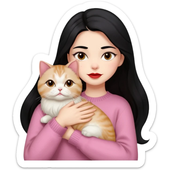Beautiful Girl Long Hair black, Brows Big , Skin White, Sweater Pale Pink , Big Red Lips, Eyes marron , Hug Little baby Persa Cream Cat With Cute Eyes sticker