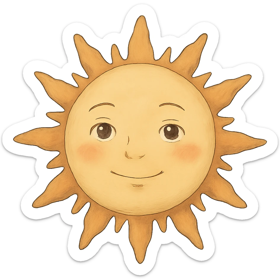 A sun emoji in the style of Ghibli films, with soft colors and a gentle expression sticker