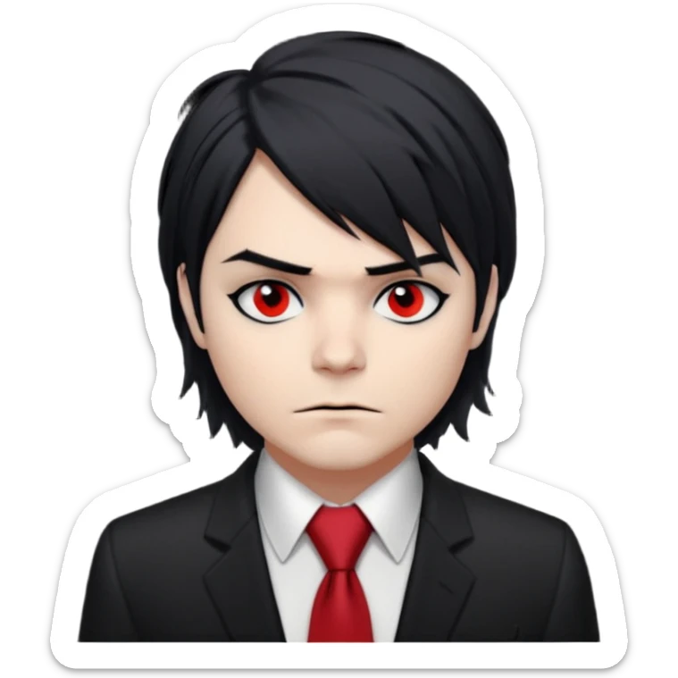Gerard Way (Revenge Era)
Round, simplified emoji style
Pale skin tone
Jet-black, shoulder-length hair messy and emo
Heavy eyeliner and slight red shadow under the eyes
Subtle serious
Hint of red tie visible on black button up shirt.
Transparent background. Black eyeliner. Messy emo hair sticker