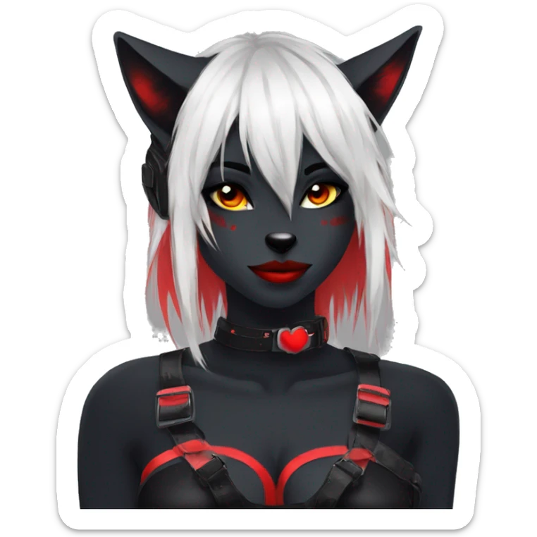 Anthro Edgy Cool Beautiful Black Cat-Fursona with Emo Hair-bangs with Red Streaks Chest Harness sticker
