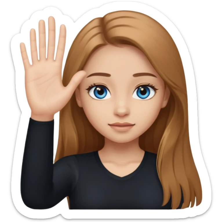A girl with long eyelashes, long light brown hair, blue eyes, with her palm up. with black undershirt sticker