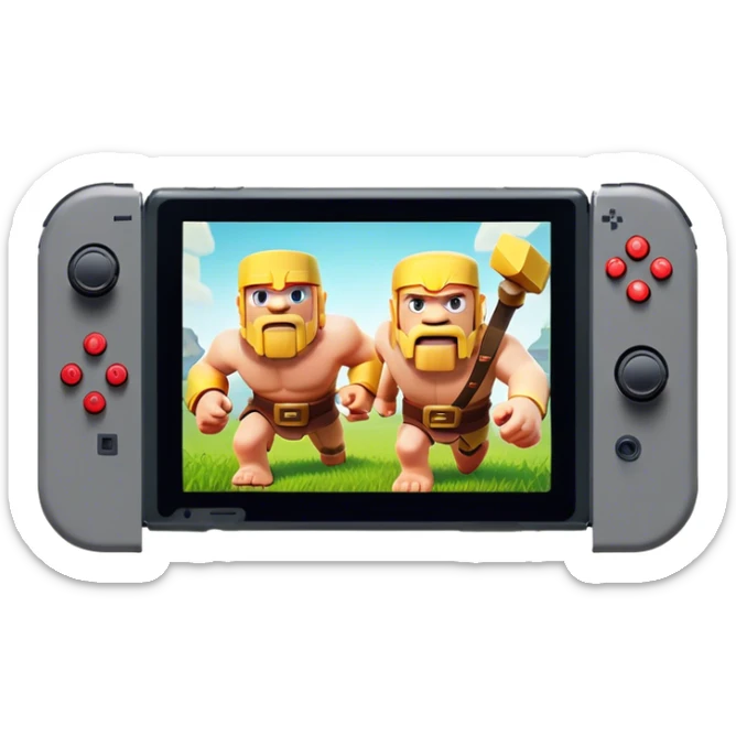 Clash of Clans aesthetic: Cinematic Playful Nintendo Switch Portrait Emoji, rendered in a 3D vector-style similar to standard emojis with minimal shading and bold, simplified shapes. A compact, distinct form with signature details, softly glowing with a nostalgic gaming charm. Simplified yet unmistakably iconic, highly detailed and consistent, glowing with a soft radiance and high shine. Stylized with a touch of retro gaming magic and a soft glowing outline, capturing the essence of a beloved gaming relic with a friendly, playful manner! sticker
