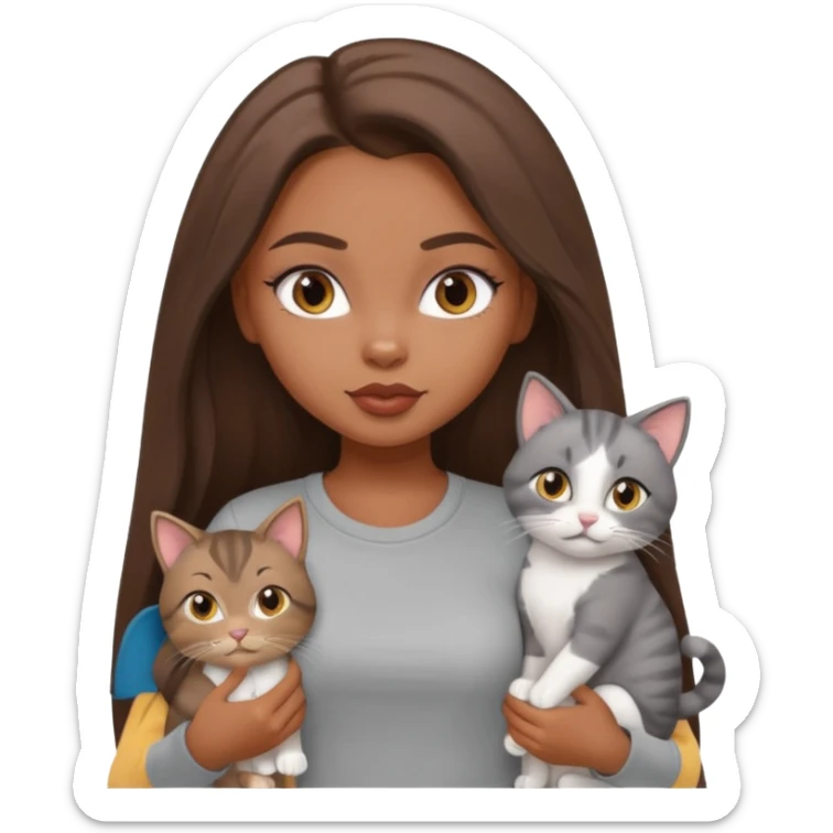 a pretty bratz dusky girl with long brown hair with four cats nd wearing a grey tshirt sticker