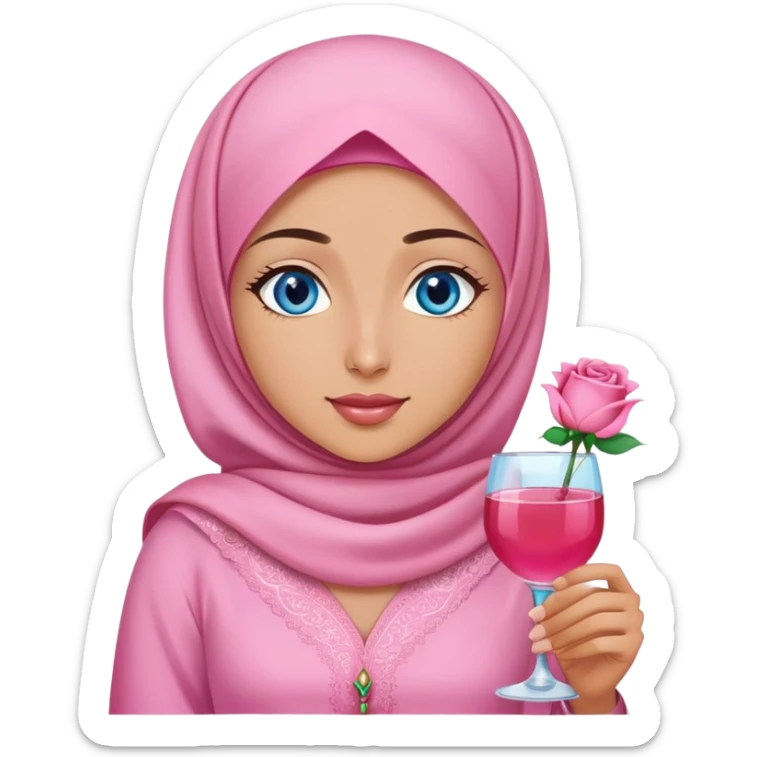 Turkish beautiful finish Konya girl blue eyes with pink hijab islamic dress and had on her hand rose mocktail sticker