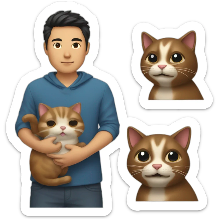 The asia man with parted hair on the right is holding a beaver cat sticker