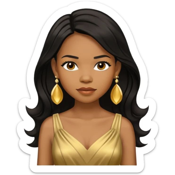 Michelle Williams R&B Singer, Long Black Hair, Medium Dark Skin, Brown Eyes, Gold Dress with earrings sticker