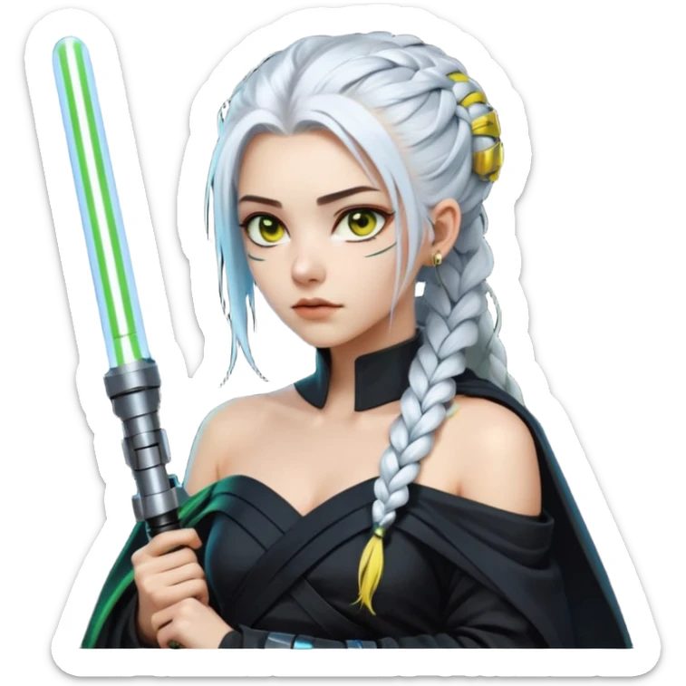  a closeup portrait of young woman with gold yellow eyes, white hair, long braid, black off-shoulder top, punk gothic style, futuristic cyberwave cyberpunk,  jedi attire and posture robes of a padawan, foreweilding a bright blue-green lightsaber sticker